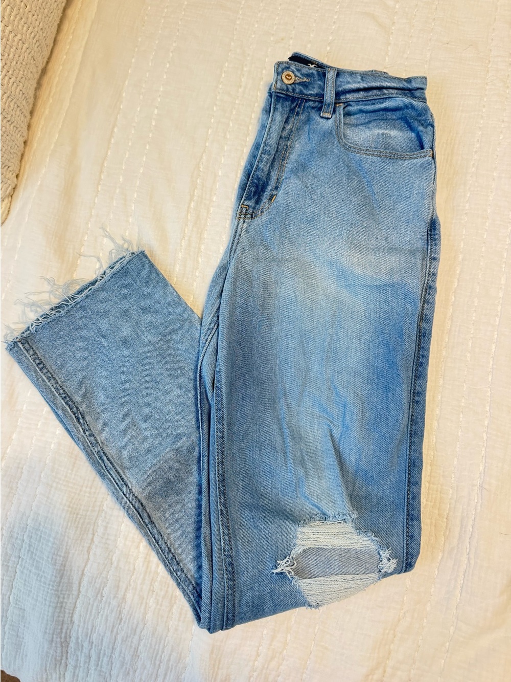 Hollister Light Blue High-Rise Distressed Straight Jeans